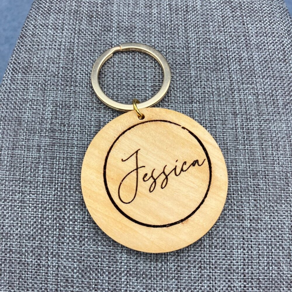 "Jessica" Name Wooden Keychain Engraved 3 In Personalized Script Cursive Gift